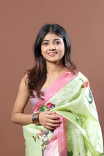 Load image into Gallery viewer, Light Green Tussar Digital Print Saree with Pink Border