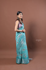 Load image into Gallery viewer, Teal Blue Kota Viscose Digital Print Saree with Floral Design
