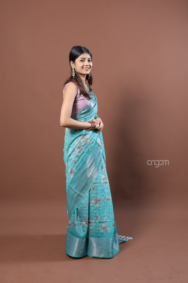 Teal Blue Kota Viscose Digital Print Saree with Floral Design