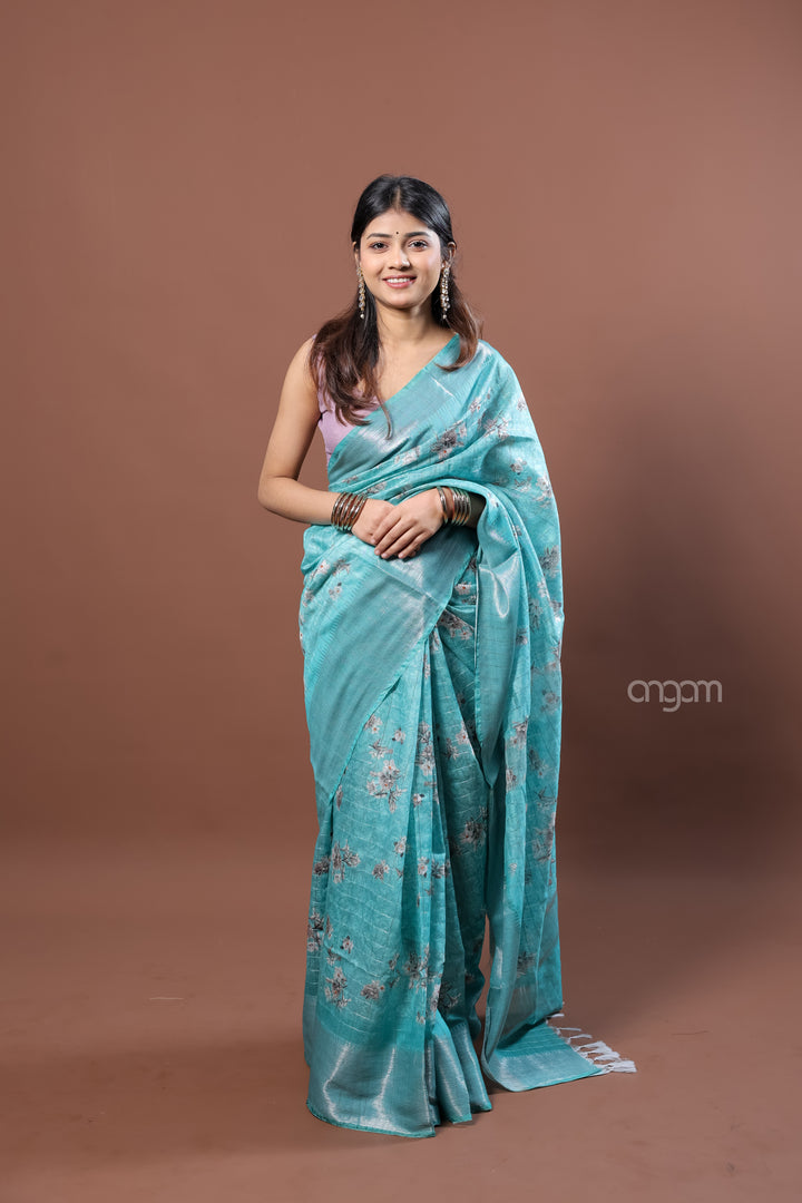 Teal Blue Kota Viscose Digital Print Saree with Floral Design