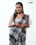 Load image into Gallery viewer, Graceful Black and White Checked Linen Saree with Tassel Detailing