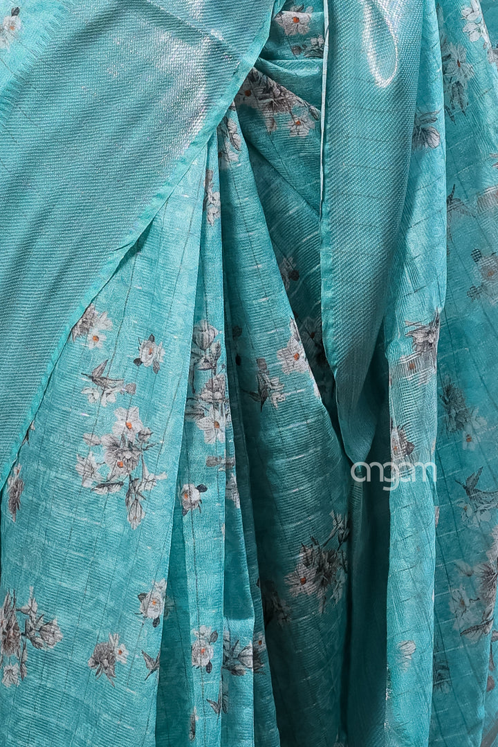 Teal Blue Kota Viscose Digital Print Saree with Floral Design