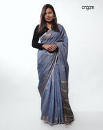 Load image into Gallery viewer, Elegant Blue Cotton Slub Saree with Subtle Golden Accents