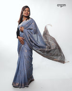 Load image into Gallery viewer, Elegant Blue Cotton Slub Saree with Subtle Golden Accents