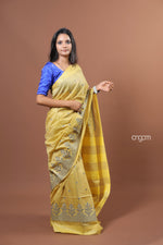 Load image into Gallery viewer, Yellow Banswara Cotton Saree with Elegant Embroidery and Striped Design