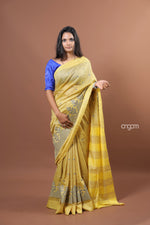 Load image into Gallery viewer, Yellow Banswara Cotton Saree with Elegant Embroidery and Striped Design