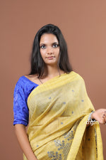 Load image into Gallery viewer, Yellow Banswara Cotton Saree with Elegant Embroidery and Striped Design