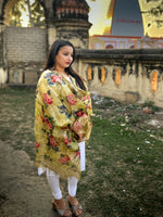 Load image into Gallery viewer, Yellow Tussar Silk Dupatta with Red and Blue Floral Design