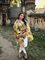 Load image into Gallery viewer, Yellow Tussar Silk Dupatta with Red and Blue Floral Design