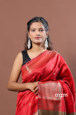 Load image into Gallery viewer, Vibrant Red and Blue Art Dupion Silk Saree with Zari