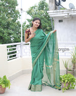 Load image into Gallery viewer, Elegant Green Liva Saree with Zari Border and Striped Pallu