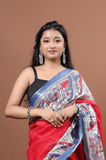 Load image into Gallery viewer, Red and Blue Cotton Slub Saree with Ethnic Printed Border