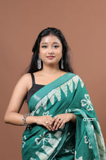 Load image into Gallery viewer, Green Cotton Slub Saree with Handcrafted White Floral Patterns