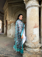 Load image into Gallery viewer, Teal Blue Tussar Silk Dupatta with Paisley Pattern Elegance