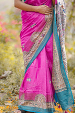 Load image into Gallery viewer, Pink and Blue Malbari Silk Saree with Elephant Motifs