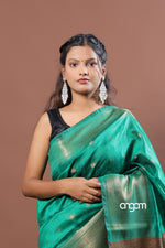 Load image into Gallery viewer, Elegant Green Art Dupion Silk Saree with Golden Zari Work