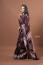 Load image into Gallery viewer, Elegant Brown Cotton Slub Saree with Handcrafted White Floral Prints