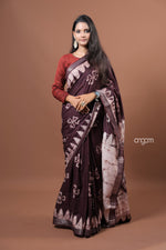 Load image into Gallery viewer, Elegant Brown Cotton Slub Saree with Handcrafted White Floral Prints