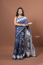 Load image into Gallery viewer, Elegant Blue Cotton Slub Saree with Handcrafted White Batik Prints