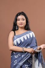 Load image into Gallery viewer, Elegant Blue Cotton Slub Saree with Handcrafted White Batik Prints
