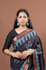 Load image into Gallery viewer, Black Cotton Slub Saree with Blue Batik Prints and Copper Border