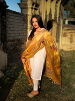 Load image into Gallery viewer, Golden Yellow Tussar Silk Dupatta with Elegant Floral Border Design