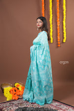 Load image into Gallery viewer, Aqua Blue Cotton Slub Saree with Elegant Print and Border