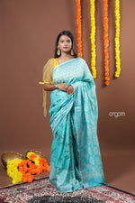 Load image into Gallery viewer, Aqua Blue Cotton Slub Saree with Elegant Print and Border