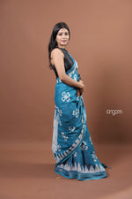 Load image into Gallery viewer, Elegant Blue Cotton Slub Saree with White Handcrafted Batik Prints