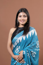 Load image into Gallery viewer, Elegant Blue Cotton Slub Saree with White Handcrafted Batik Prints