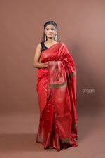 Load image into Gallery viewer, Stunning Red Art Dupion Silk Saree with Golden Zari Border