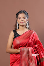 Load image into Gallery viewer, Stunning Red Art Dupion Silk Saree with Golden Zari Border