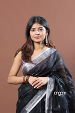 Load image into Gallery viewer, Elegant Black Linen Saree with Silver Border and Subtle Motifs