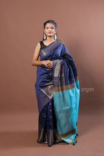 Load image into Gallery viewer, Elegant Blue Art Dupion Silk Saree with Contrast Pallu Design