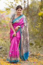 Load image into Gallery viewer, Pink and Blue Malbari Silk Saree with Elephant Motifs