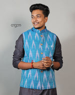 Load image into Gallery viewer, Stylish Blue Ikat Nehru Jacket for Men – Ethnic Wear