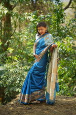 Load image into Gallery viewer, Blue Bhagalpuri Silk Saree With Madhubani Print
