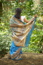 Load image into Gallery viewer, Blue Bhagalpuri Silk Saree With Madhubani Print