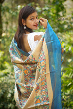 Load image into Gallery viewer, Blue Bhagalpuri Silk Saree With Madhubani Print