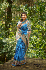 Load image into Gallery viewer, Blue Bhagalpuri Silk Saree With Madhubani Print