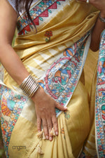 Load image into Gallery viewer, Yellow Silk Saree With Madhubani Print Elegance