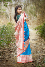 Load image into Gallery viewer, Blue Silk Saree With Elegant Madhubani Screen Print