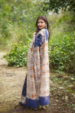Load image into Gallery viewer, Navy Munga Silk Saree With Madhubani Prints