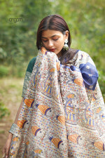 Load image into Gallery viewer, Navy Munga Silk Saree With Madhubani Prints