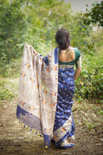 Load image into Gallery viewer, Navy Munga Silk Saree With Madhubani Prints