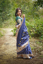 Load image into Gallery viewer, Navy Munga Silk Saree With Madhubani Prints