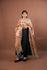 Load image into Gallery viewer, Beige Silk Dupatta with Red Floral Digital Print and Soft Texture