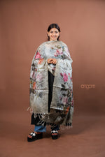 Load image into Gallery viewer, Grey Silk Dupatta with Pink Floral Digital Print and Elegant Design