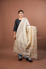 Load image into Gallery viewer, Cream Poly Dupion Dupatta with Traditional Screen Print and Fish Motif Border