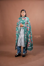 Load image into Gallery viewer, Teal Slub Dupatta with Elegant Digital Rose Print for Ethnic Styling